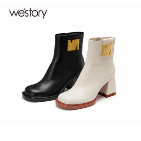 westory复古时髦金属饰扣短筒时装靴粗高跟秋冬新款靴子81971