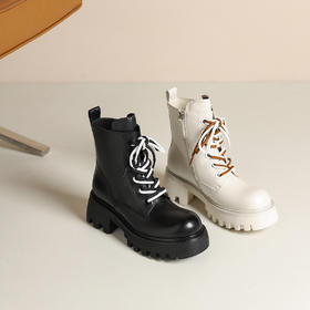 westory2024年秋季新款超轻厚底系带纯色侧拉链马丁靴W24DS83981