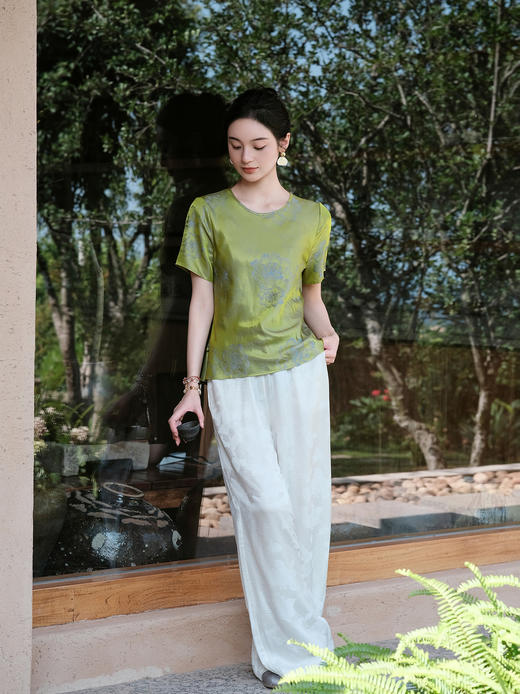 盛唐婧| 桑蚕丝牡丹提花修身国风简约短袖-绿色 商品图8