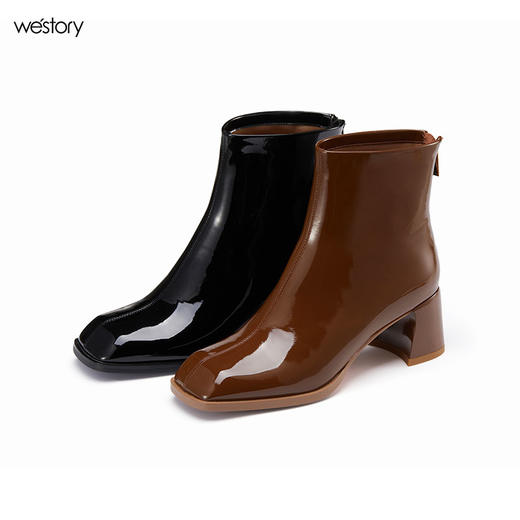 westory纯色方头真皮拉链亮面粗跟短靴22秋新款百搭显瘦靴子82221 商品图0