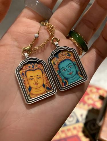 s925 设计款系列 绿度母·文殊菩萨，纯手绘唐卡吊坠项链 · 绿度母 商品图0