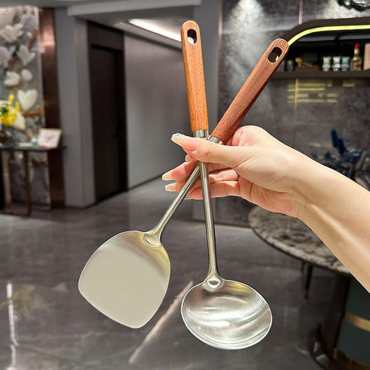 【跨境出口德国不锈钢火锅铲】304不锈钢火锅锅铲乌檀木柄防烫炒勺家用汤勺漏勺加长炒菜铲子 商品图3