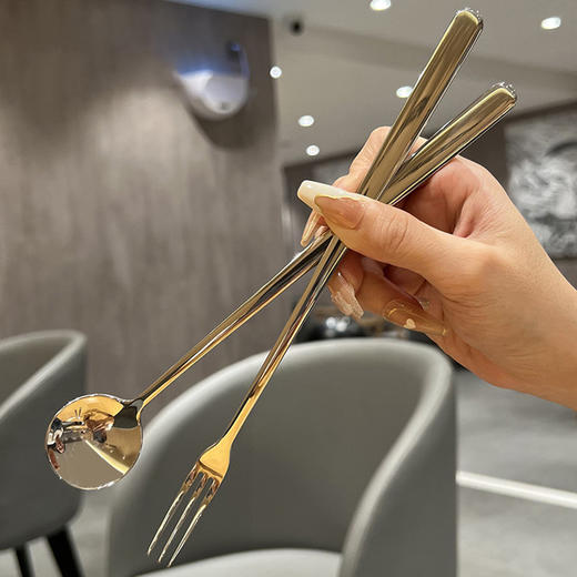 【跨境出口德国不锈钢搅拌勺】加厚304不锈钢搅拌勺高颜值甜品勺子家用三齿水果叉加长柄咖啡勺 商品图1