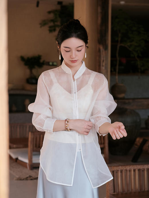 盛唐婧 |手工扎染真丝绡上衣-白色 商品图1