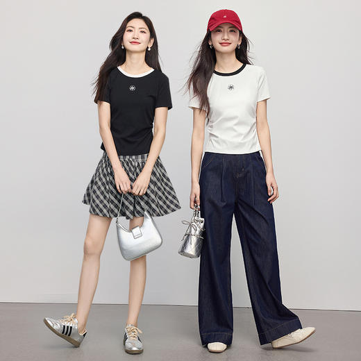 【专属特价】熙世界收腰正肩女T恤2025夏季新款休闲修身显瘦短袖撞色圆领上衣 商品图3