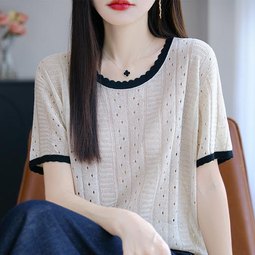 【两个款式可选】板绘天丝亚麻镂空花边短袖/天丝双V领假两件短袖 面料清爽透气 显瘦百搭 商品图5