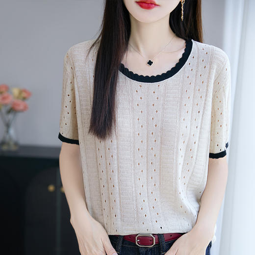 【两个款式可选】板绘天丝亚麻镂空花边短袖/天丝双V领假两件短袖 面料清爽透气 显瘦百搭 商品图6