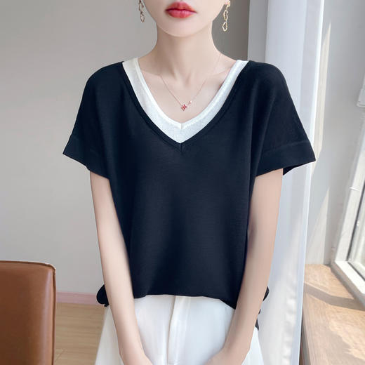 【两个款式可选】板绘天丝亚麻镂空花边短袖/天丝双V领假两件短袖 面料清爽透气 显瘦百搭 商品图3