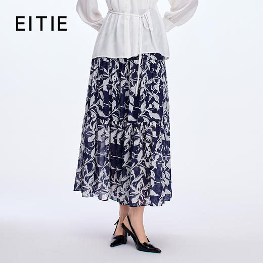 EITIE爱特爱植物印花百褶高腰通勤显瘦半身裙秋季新款8306001 商品图0