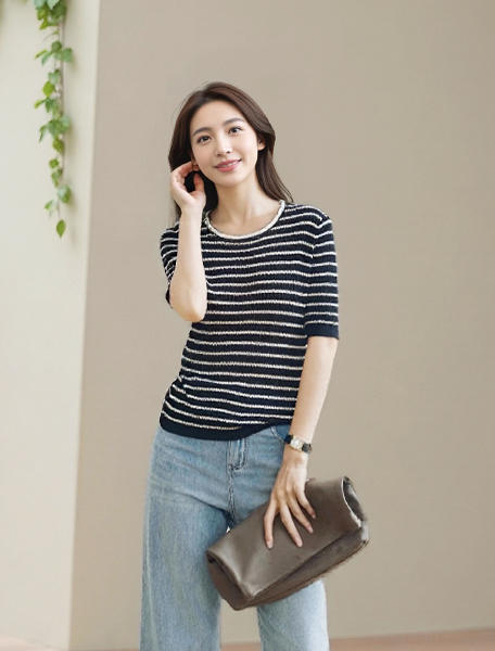 臣禾	【两色条纹T】16针莱赛尔正肩圆领休闲T恤	JZ252050122 商品图1