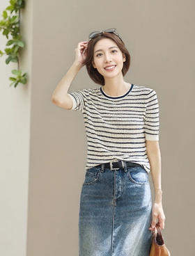 臣禾	【两色条纹T】16针莱赛尔正肩圆领休闲T恤	JZ252050122