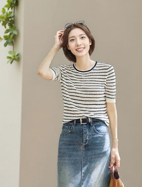 臣禾	【两色条纹T】16针莱赛尔正肩圆领休闲T恤	JZ252050122 商品图0