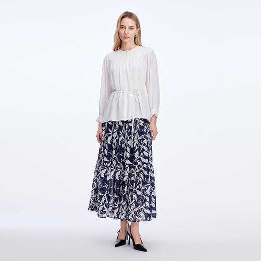 EITIE爱特爱植物印花百褶高腰通勤显瘦半身裙秋季新款8306001 商品图1