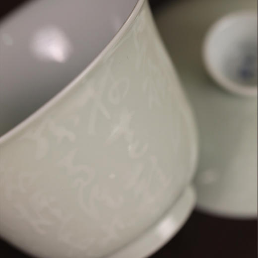 【忘言】豆青釉泥书青花定风波茶碗 盖碗 曰何文人器 商品图2