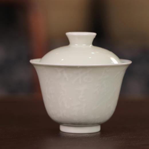 【忘言】豆青釉泥书青花定风波茶碗 盖碗 曰何文人器 商品图0