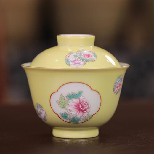 【忘言】柠檬黄地小团花茶碗盖碗 曰何文人器 商品图0