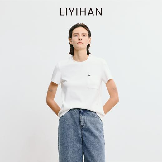 LIYIHAN 2025夏新款通勤长绒棉铅笔短袖T恤女白色刺绣圆领上衣设计感 商品图0