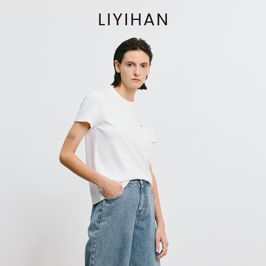 LIYIHAN 2025夏新款通勤长绒棉铅笔短袖T恤女白色刺绣圆领上衣设计感 商品图3