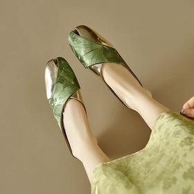 步履生花，演绎东方美学！夏季软皮国风印花拼色方头镂空懒人半拖穆勒凉拖鞋