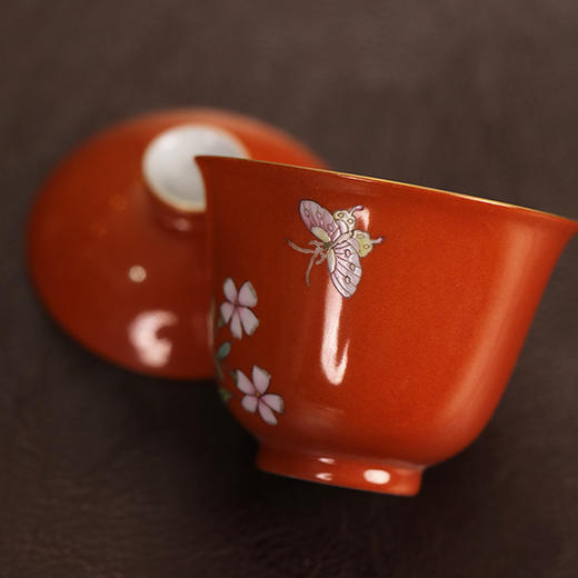 【忘言】矾红粉彩萱草纹小茶碗 盖碗 曰何文人器 商品图2