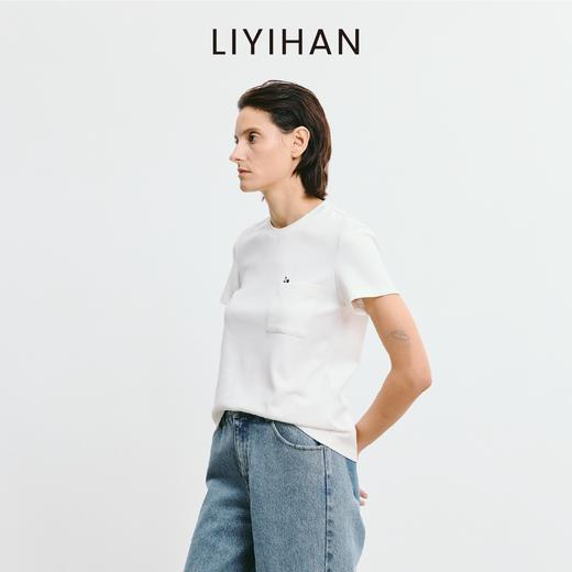 LIYIHAN 2025夏新款通勤长绒棉铅笔短袖T恤女白色刺绣圆领上衣设计感 商品图1