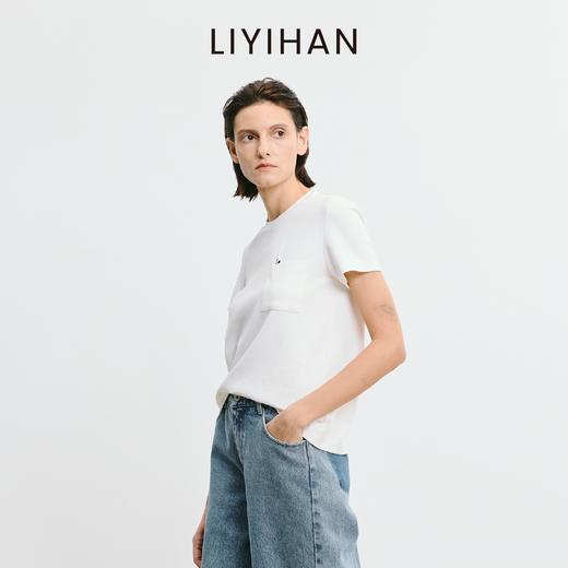 LIYIHAN 2025夏新款通勤长绒棉铅笔短袖T恤女白色刺绣圆领上衣设计感 商品图2
