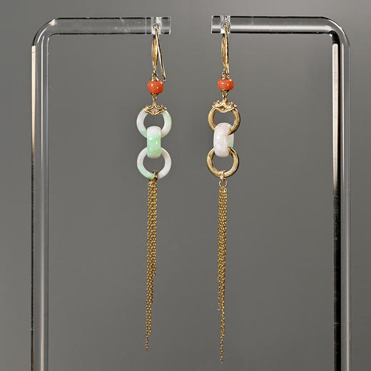 清代翡翠三连环不对称流苏耳环 商品图1