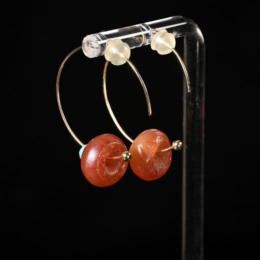 夏家店红玛瑙磨盘珠+战国绿松石潮款耳环 商品图2