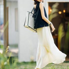 【LONGNVFAIR重磅天丝亚麻花瓣裙+马甲套装】棉麻天丝套装 黑色无袖上衣 减龄温柔风