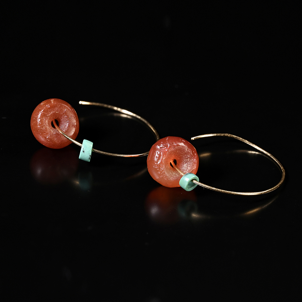 夏家店红玛瑙磨盘珠+战国绿松石潮款耳环