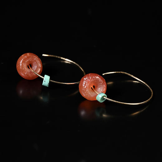 夏家店红玛瑙磨盘珠+战国绿松石潮款耳环 商品图0