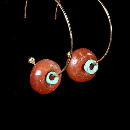 夏家店红玛瑙磨盘珠+战国绿松石潮款耳环 商品图3