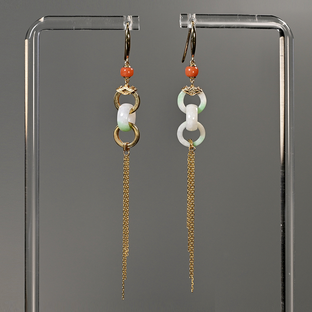 清代翡翠三连环不对称流苏耳环