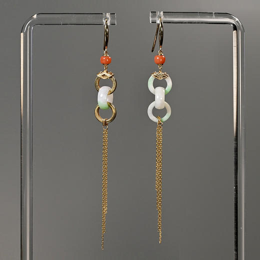 清代翡翠三连环不对称流苏耳环 商品图0