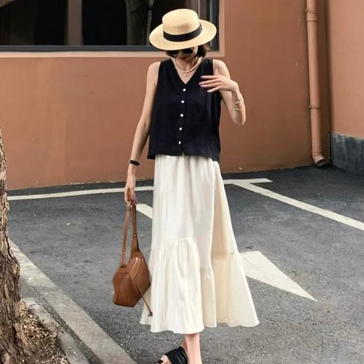 【LONGNVFAIR重磅天丝亚麻花瓣裙+马甲套装】棉麻天丝套装 黑色无袖上衣 减龄温柔风 商品图1