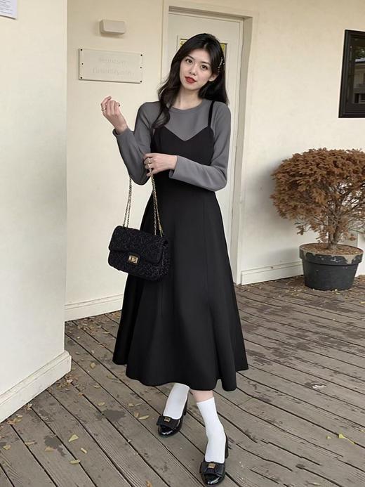 【诗铭洛可】（加绒款）W707长款连衣裙灰拼黑长款裙 商品图2