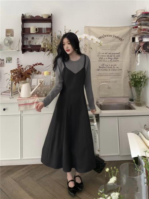 【诗铭洛可】（加绒款）W707长款连衣裙灰拼黑长款裙 商品图0