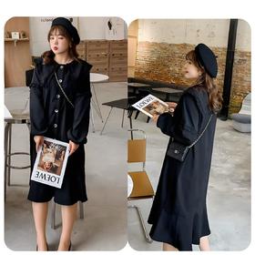 【诗铭洛可】W383复古显瘦木耳边长袖连衣裙鱼尾裙A3-4