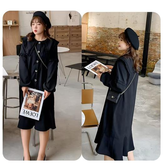 【诗铭洛可】W383复古显瘦木耳边长袖连衣裙鱼尾裙A3-4 商品图0