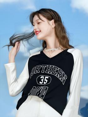 【诗铭洛可】0760V领字母35长袖T恤A16-3