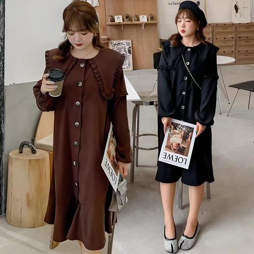 【诗铭洛可】W383复古显瘦木耳边长袖连衣裙鱼尾裙A3-4 商品图1