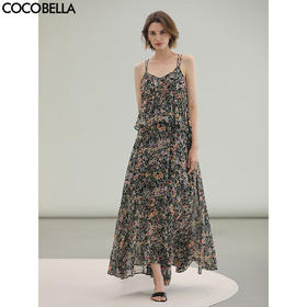 COCOBELLA度假风假两件碎花吊带裙夏女人味大摆连衣裙FR3226