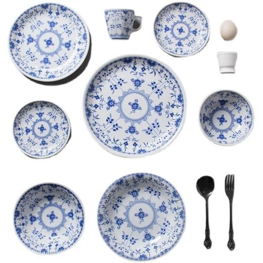 日本进口美浓烧日式青花唐草釉下彩家用复古圆形平盘餐盘饭碗钵子美浓烧青花唐草5入套装 商品图4