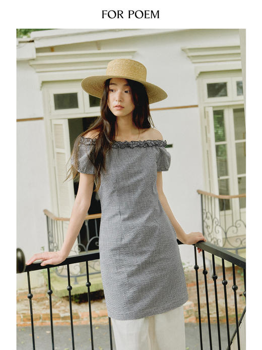 ForPoem 现货 25/SS原创设计纽结花边泡泡袖收腰格子连衣裙 商品图2