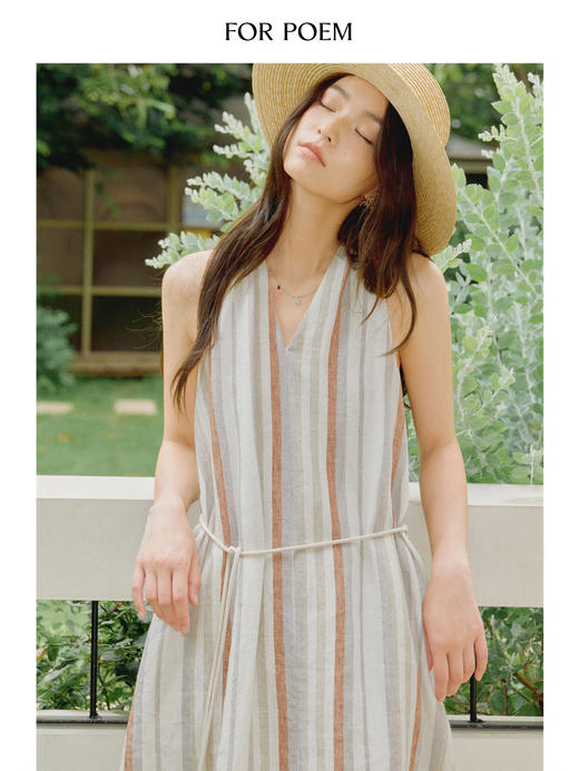 ForPoem 现货 25/SS原创设计100亚麻条纹V领挂脖连衣裙 商品图4