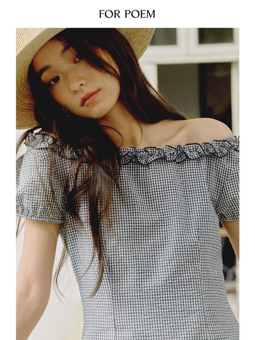 ForPoem 现货 25/SS原创设计纽结花边泡泡袖收腰格子连衣裙 商品图4