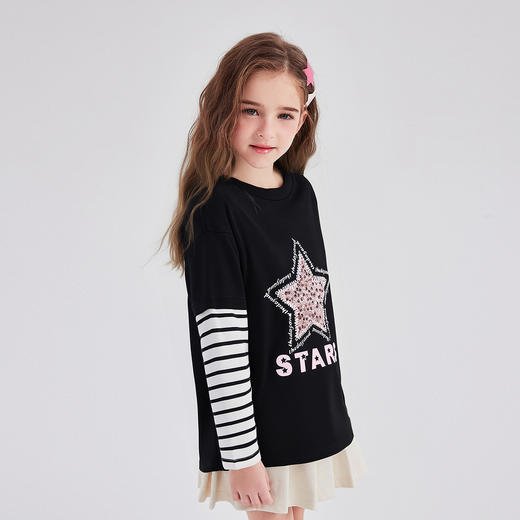 笛莎Deesha 童装女童T恤2025秋新款女童圆领长袖拼接T恤 商品图1