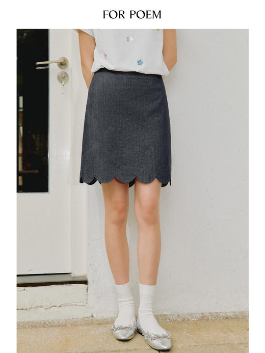 ForPoem 现货 25/SS原创设计100棉牛仔花瓣边半身裙 商品图0