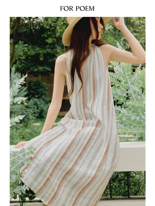 ForPoem 现货 25/SS原创设计100亚麻条纹V领挂脖连衣裙 商品图1