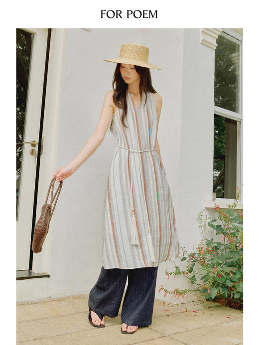 ForPoem 现货 25/SS原创设计100亚麻条纹V领挂脖连衣裙 商品图0